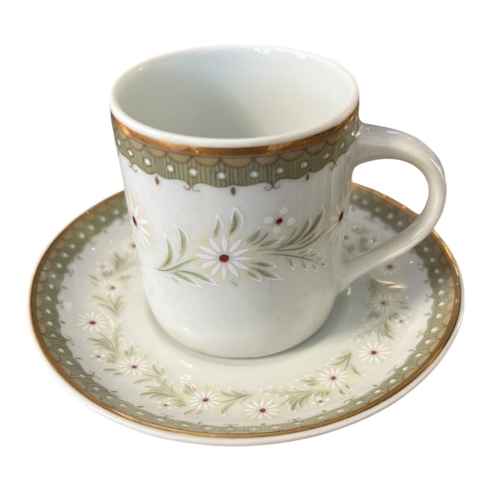Vintage Leart Brazil Demitasse Cup and Saucer Set Green Gold Floral Espresso Tea